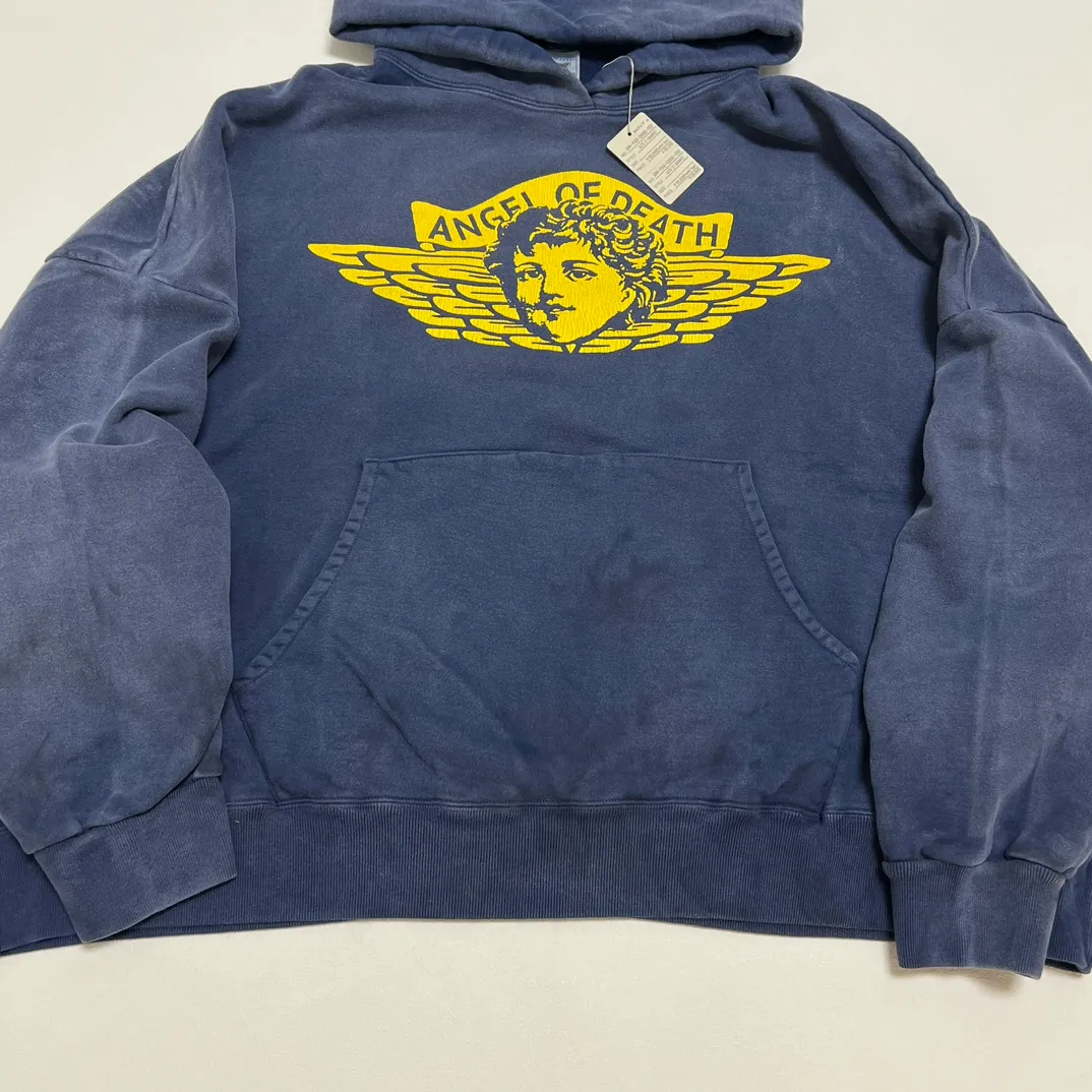 SAINT M×××××× ANGEL HOODIE/NAVY Angel Reborn Blue Hoodie Washed Blue S-XL Assute Garment Dyeing Full Clothes Water Fading Mud Dyeing Dirty Distress New Vintage Ceiling God Tailoring Original Super Loose Fit Customized Original Accessories God-level Print Restoration